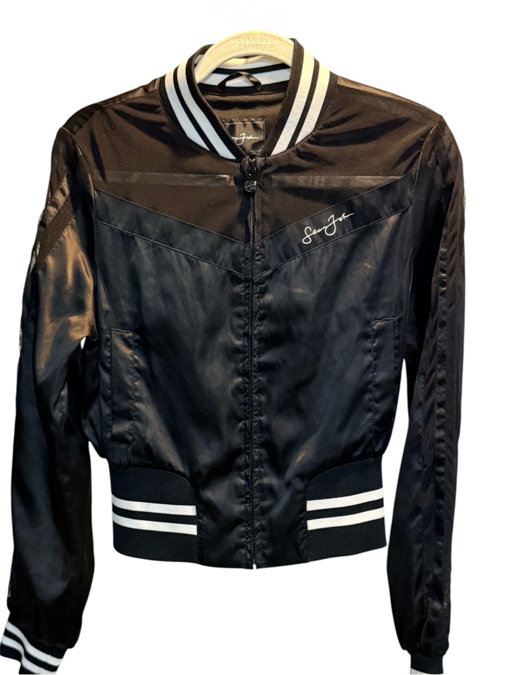Sean John Black Satin Bomber Jacket with White Stripe Trim